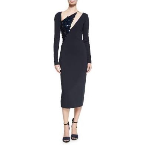 Cushnie et Ochs Navy Sequin Embellished Cut Out Long Sleeve Midi Dress Size 8 - Picture 2 of 9